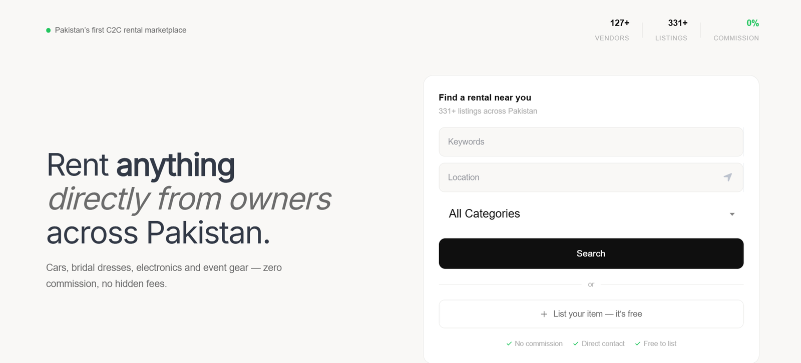 The Rental Bazaar homepage